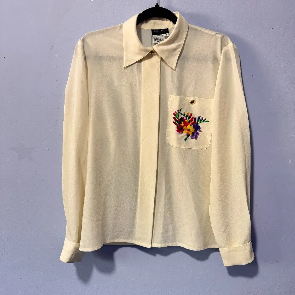 Simon Chang off  white ladies blouse embroidery‎ detail size 8